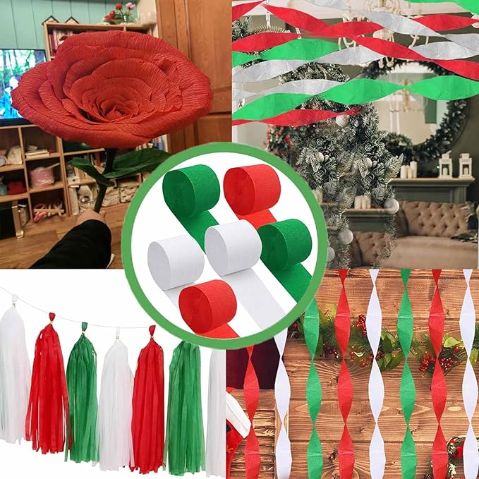 Red White and Green Crepe Paper 6 Pcs Streamers for Party Decorations, Birthday Christmas Wedding DIY Crafts, Gift Wrapping Supplies