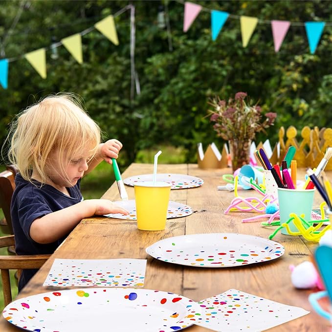 Grencian 96 Pcs Colorful Polka Dots Party Supplies Colorful Birthday Plates and Napkins Sets Confetti Bubble Plates Rainbow Dots Tableware for Birthday Baby Shower Rainbow Party Decorations Serves 24