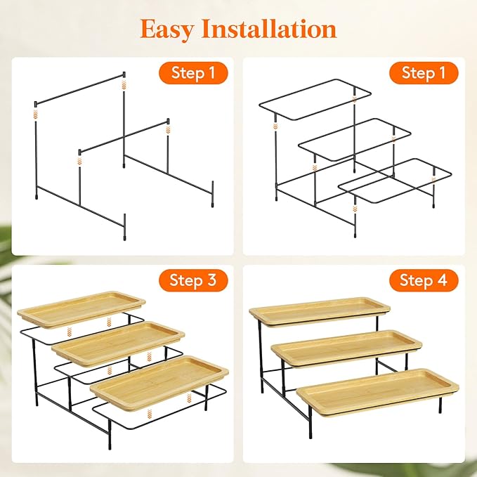 Lifewit 3 Tier Bamboo Serving Tray for Party Supplies, 30 x 17 cm/12" x 6.5" Platters for Serving Food, Reusable Trays with Black Metal Display Stand for Veggie, Fruit, Cookies, Dessert