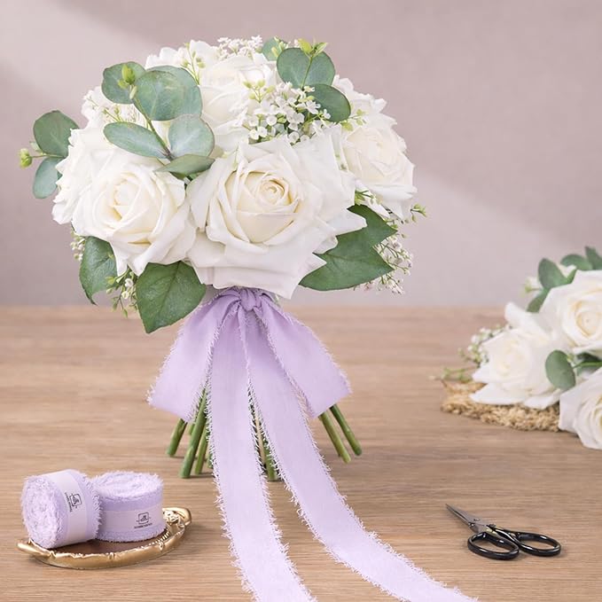 DORIS HOME Light Purple Chiffon Ribbon for Flower Bouquet, 1" x21Yd Fabric Ribbon for Gift Wrapping, Handmade Frayed Ribbon for Wedding Invitations/Christmas Decorations