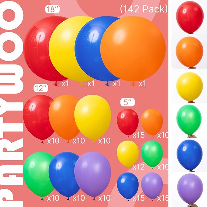 PartyWoo Rainbow Balloon Arch Kit Garland 142pcs Different Sizes of 18 12 10 5 Inch Colorful Blue Red Green Purple Yellow Orange Balloons for Baby Shower Graduation Birthday Party Decorations