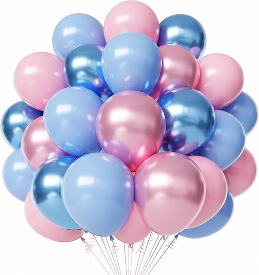 Pink and Blue Latex Balloons, 50pcs 12 Inches Metallic Blue Pink Balloons with 1 Ribbon for Baby Shower, Gender Reveal, Birthday Party Decorations
