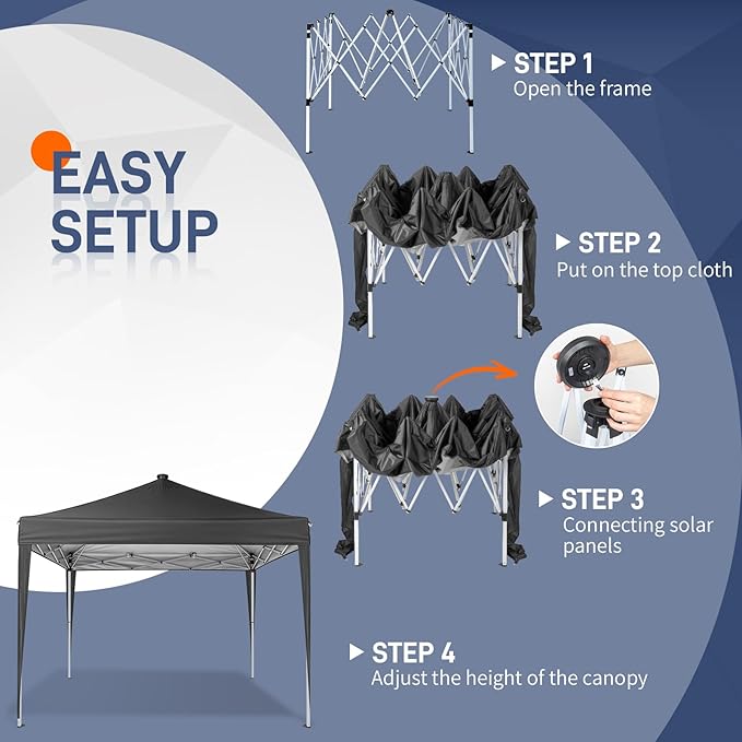 Outvita 10x10ft Ez Pop Up Canopy, Portable Instant Canopy Tent with 4 SideWalls & Meteor LED Lights for Outdoor Events, Party, Wedding, Birthday,Graduation
