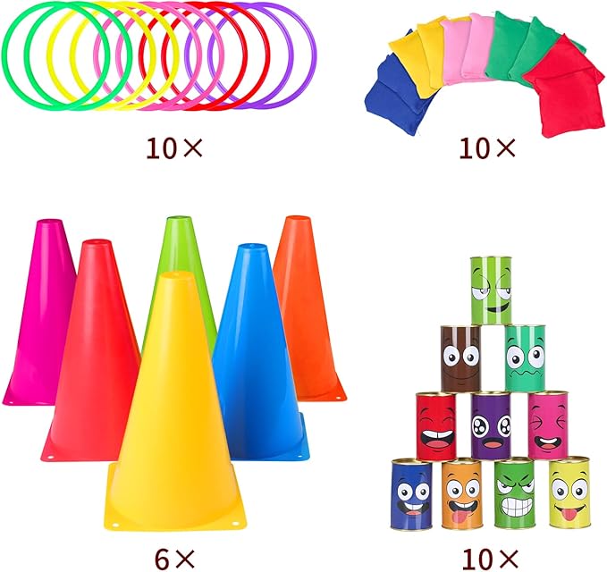 36PCS Carnival Games Combo Set 4 in 1 Bean Bag Toss Can Games Plastic Cone Ring Toss Game for Indoor Outdoor School Field Day Birthday Party Yard Game for Kids Adults