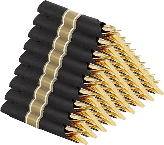 Supernal 30 Pack Pre Rolled Gold Plastic Silverware Set with Napkins, Wrapped Plastic Cutlery Set, Disposable Utensils Includes 30 Forks, 30 Knives, 30 Spoons, 30 Napkins for Party, Wedding