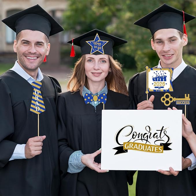 Avezano Graduation Photo Booth Props, 21pcs Graduations Picture Props 2026 for Photoshoot, Grad Photo Props for Photobooth Class of 2026 Party Decorations Set Party Favors Supplies (Blue and Gold)