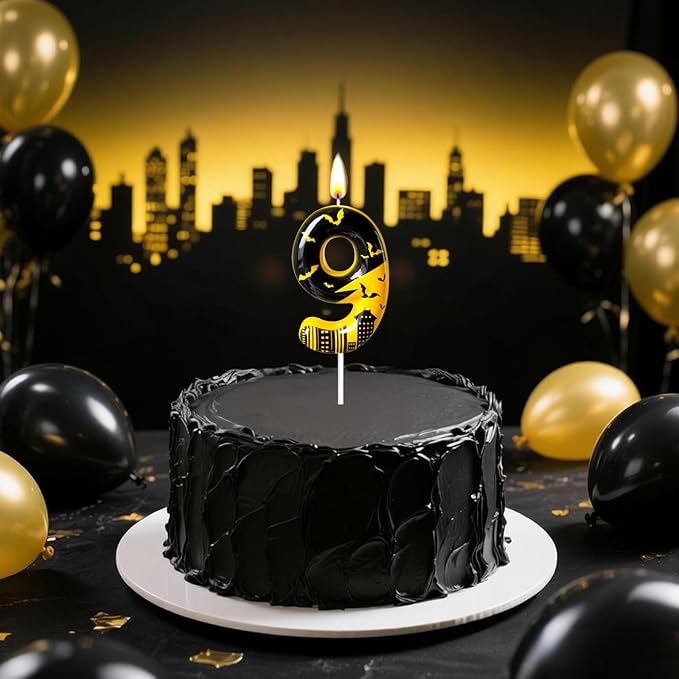 Black Yellow Number 9 Birthday Candle for Cake – Dark Night Hero Style with Bat & City Silhouette Design – Unique Cake Topper for Birthday, Anniversary, Themed Party Decoration