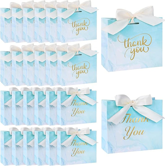 VGOODALL Thank You Gift Bags, Light Blue Party Favor Bags with Gold Lettering and Bow Ribbon, 24 Pack, for Wedding Bridal Baby Shower Birthday