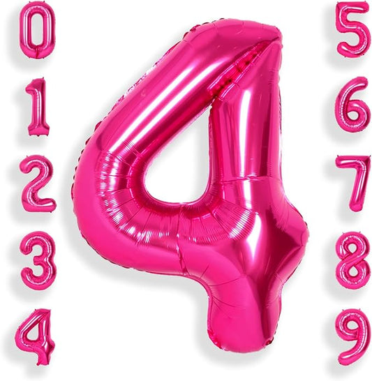 SUWEN 40 Inch Hot Pink Large 4 Number Balloons Big Foil Helium Number Balloons 0-9 Jumbo Happy 4th Mylar Birthday Party Decorations for Girl Anniversary Party Supplies