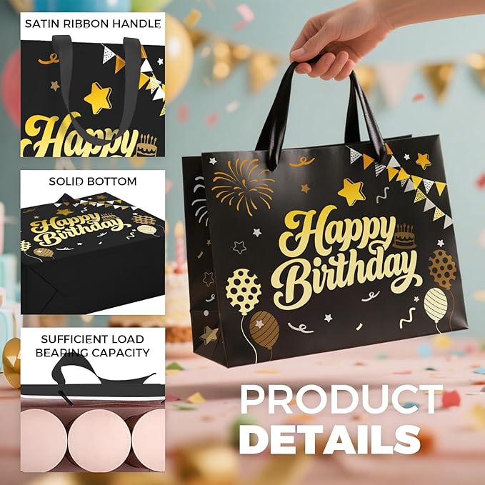13” Black Birthday Gift Bag with Tissue Paper and Greeting Card, Happy Birthday Gift Bags for Party, Hot Foil Stamping Design Gift Wrap Bags Decor for Men, Women and Kids, 1 PCS, Medium Size