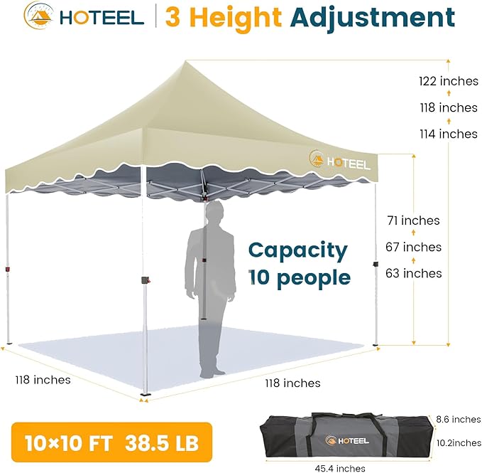 Hoteel 10x10 Pop Up Canopy Tent | One Person Setup Outdoor Shade, UPF 50+ and Waterproof, 210D Oxford Top, 3 Heights Adjustable, 600D Carry Bag for Beach, Events, Commercial Use (Khaki)