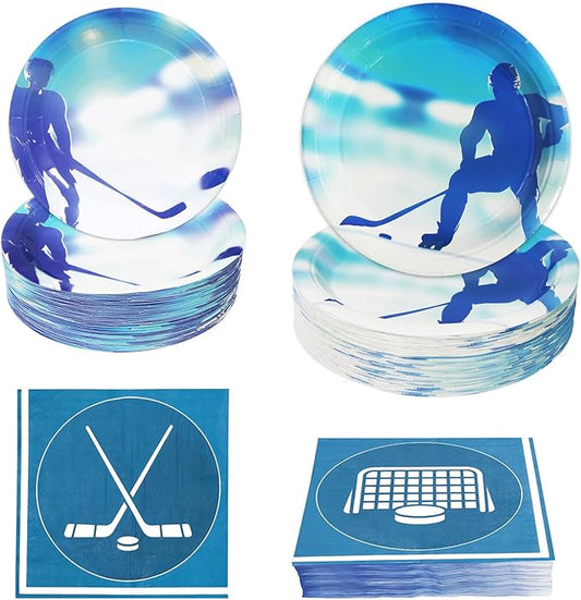 180Pcs Ice Hockey Party Supplies Paper Plates and Napkins Serve 60 Disposable Tableware Set for Birthday Party Decorations Game Day Family Holiday Sports Events