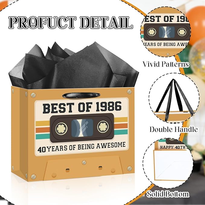 40th Birthday Gift Bag for Men Women Retro Tape 1986 Birthday Party Favor Bags with Tissue Paper and Card Brown Vintage Cassette 40 Years Old Gift Wrapping Bag Decorations for Mom Dad Friends Gifts