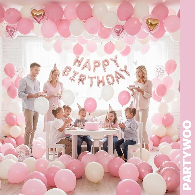 PartyWoo Pink and White Balloons 66pcs 12 Inch Light Pastel Baby Metallic Pearl Pink Matte White Confetti Balloons for Gender Reveal Wedding Bridal Girl Baby Shower Princess Birthday Party Decorations