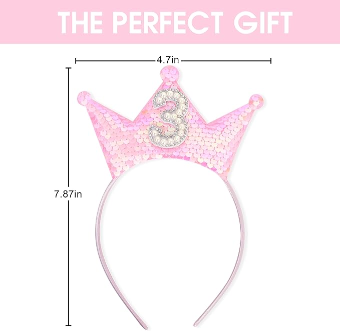 One Pc Pink 3rd Birthday Crown Headband - Pink Glitter Third Birthday Party Hair Accessories, Pearl Birthday Crown Headband