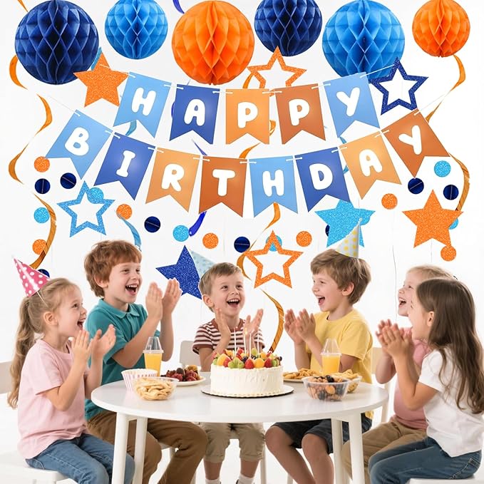 Pre-Strung Happy Birthday Decorations for Boys Men Women, Orange Blue Birthday Banner with Honeycomb Balls, Stars Hanging Swirl Streamers, Circle Dots Garland