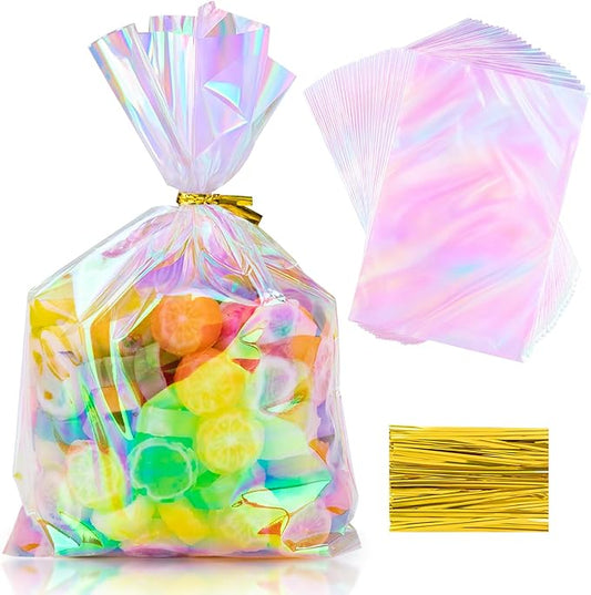 160Pcs Iridescent Cellophane Treat Bags with Ties, 6x9 Inch Holographic Plastic Goodie Baggies for Party Favors, Candy, Cookies Packing, Gift Wrapping