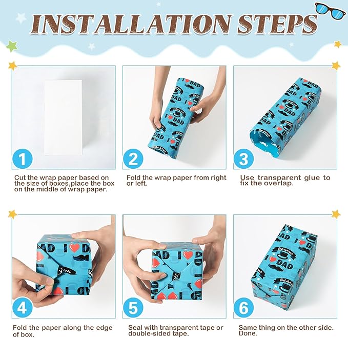WERNNSAI Father’s Day Wrapping Paper Rolls - 3 Rolls 17” x 10FT Blue Gift Wrap Set with Mustache I Love Dad Designs for Dad Husband Grandpa Birthday Father’s Day Gifts