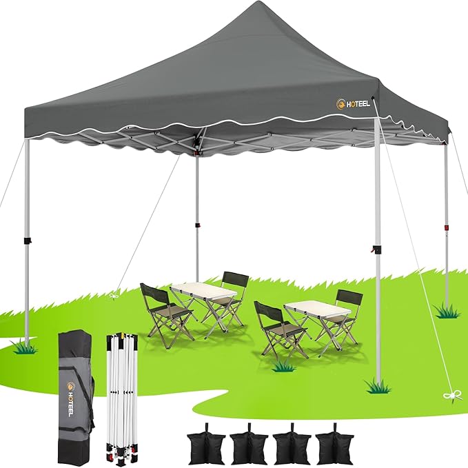 HOTEEL 10x10 Pop Up Canopy, Easy Setup Party Tent with Carry Bag, Weight Bag, Outdoor Portable Event Shelter for Backyard, Market, Gray