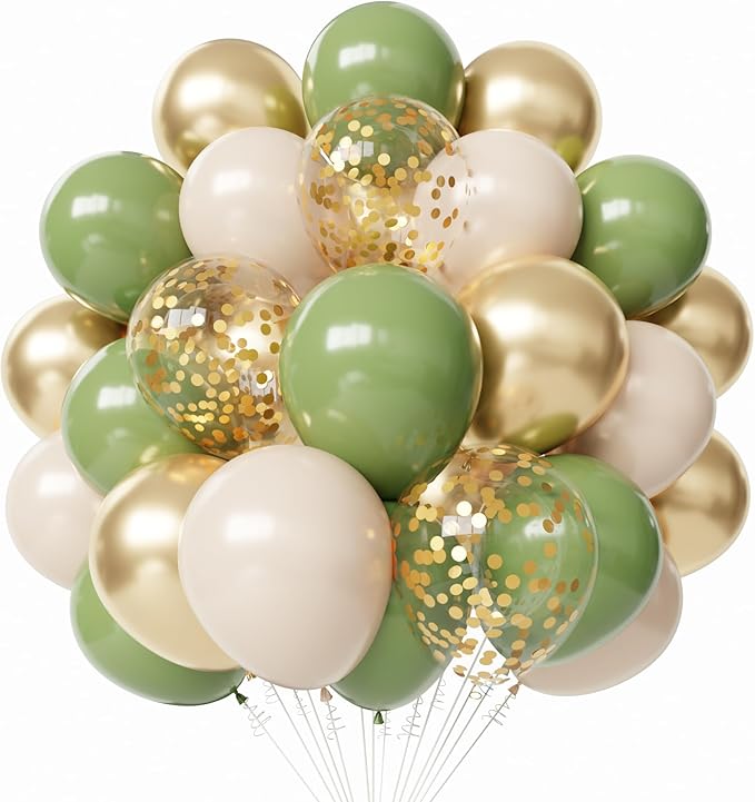 Sage Green Gold Latex Balloons, 50pcs 12 Inches Sage green Sand White Metallic Gold Confetti Balloons with 1 Ribbon for Baby Shower, Wedding, Birthday Party Decorations