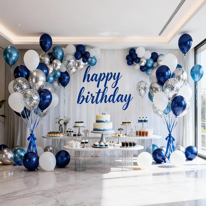 Blue White Silver Confetti Balloons - 50pcs 12" Metallic Blue Silver and Clear White Confetti Latex Balloons for Graduation Father's Day Birthday Wedding Anniversary Bridal Shower Party Decorations
