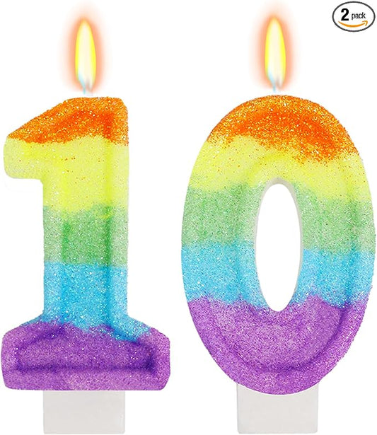 Rainbow Candles for Birthday Cakes, 10 Cake Topper, Rainbow Birthday Party Decorations, 10th Number Candle for Girls Boys (Number 10)