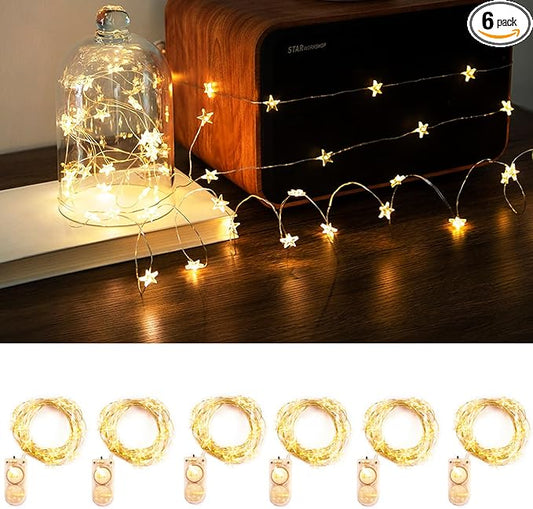 6 Packs 6.6ft 20 LEDs Star Fairy Lights Battery Operated,Mini Star String Lights,Waterproof Twinkle Starry Light for DIY Bottle Table Christmas Ramadan Wedding Halloween Decor,Warm White