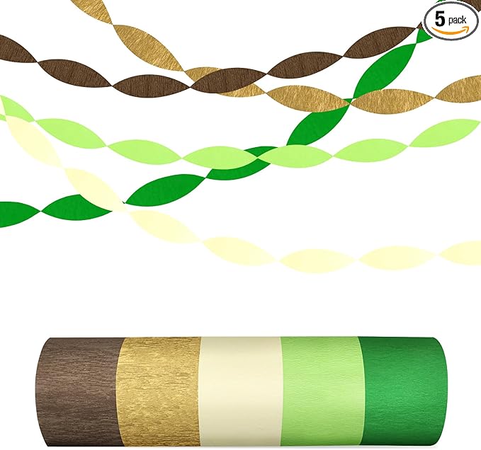 5 Rolls Green & Gold Crepe Paper Streamers, Crepe Paper Craft for Wedding Baby Shower Birthday Bridal Party Engagement Decorations Supplies