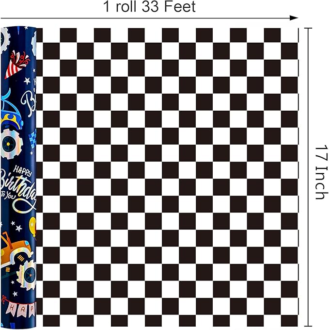 MAYPLUSS Monster Truck Wrapping Paper Roll, Reversible Checkered Flag Birthday Gift Wrap, Perfect for Kids and Boys Birthdays, 17 Inch x 33 Feet