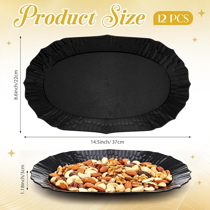 12 Pcs Black Plastic Serving Tray Bulk, 14.5" x 8.6" Rectangle Black Party Platters Reusable Decorative Dessert Table Serving Trays for Graduation Wedding Birthday Party Cupcake Decoration