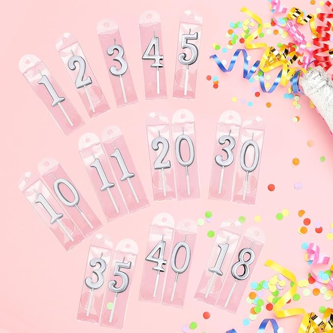32 Pieces Numeral Birthday Candles Silver Cake Glitter Candles Number 0-9 Cake Decoration for Child's Milestone Birthday Celebration Ten-Year Milestone Anniversary Party Celebration (Silver)
