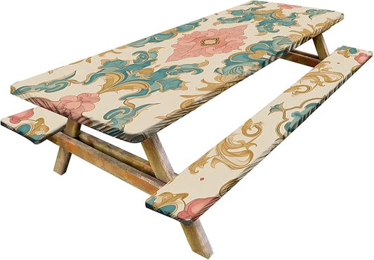 Vintage Floral Picnic Table Cover with Bench Covers Set of 3-European Symmetrical Flowers Pattern,Elastic Fitted Tablecloth for 6 Ft Tables, Washable Polyester Cover for Camping, Indoor & Outdoor