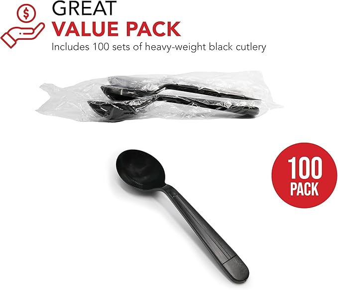 Party Essentials Individually Wrapped Black Plastic Utensil Sets/Heavy Duty Flatware Packs, Soup Spoon, 100 Sets