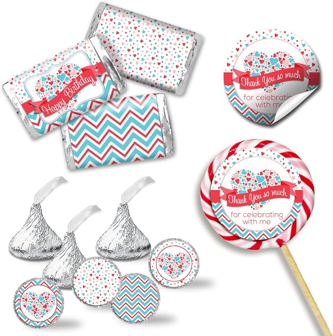 Heartbreaker Red & Blue Hearts Valentine's Day Birthday Party Sticker Bundle Kit 429 pieces! Includes 2" Circle Stickers for Favors, Mini Candy Bar Wrappers & Round Candy Kiss Stickers