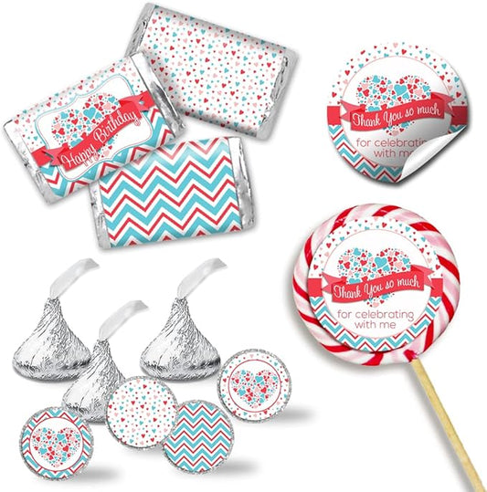 Heartbreaker Red & Blue Hearts Valentine's Day Birthday Party Sticker Bundle Kit 429 pieces! Includes 2" Circle Stickers for Favors, Mini Candy Bar Wrappers & Round Candy Kiss Stickers