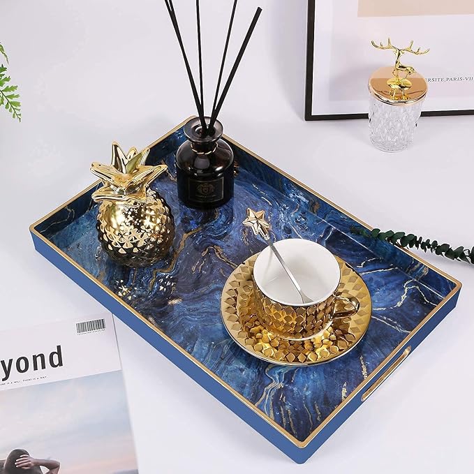 Decorative Tray, Marbling Plastic Tray with Handles, Rectangular Vanity Tray and Serving Tray for Bathroom, Kitchen, Ottoman and Coffee Table, 15.6” x 10.2” (Blue)