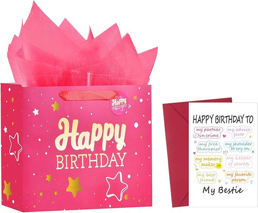 Powbrace 13" Pink Happy Birthday Gift Bag with Tissue Paper and Greeting Card for Party,Happy Birthday Gift Bag for Women Bestie, Gift Bags Medium size(1 PCS Pink, Attach Bestie Cards)