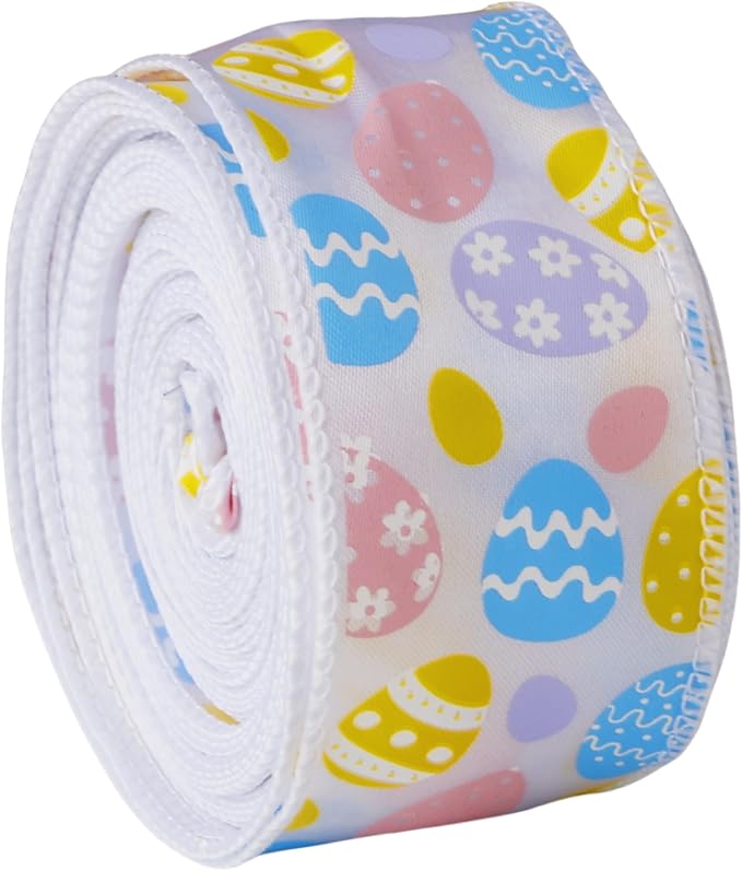 Meseey 1.5 Inch x 10 Yards Pastel Easter Egg Wired Ribbon, Colorful Easter Egg Pattern Wired Edge Ribbon for Easter Wreaths, Gift Wrapping, Easter Baskets, Crafts, Spring Party Decorations