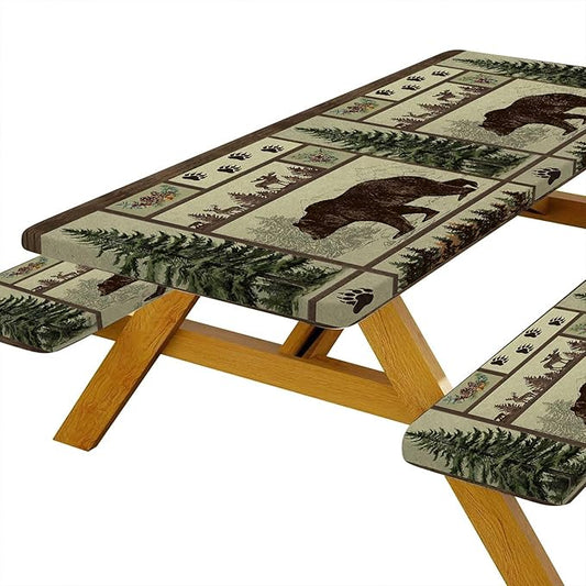 Picnic Table Cover with Bench Covers Rustic Bear Pattern Waterproof Windproof Fitted Outdoor Patio Camping Rectangle Tablecloth 60x30 Inch Elastic Edges