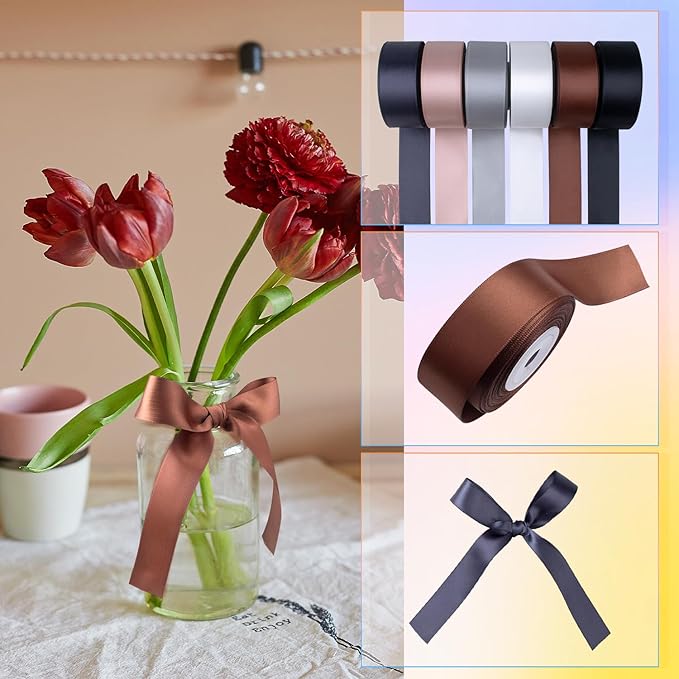 Black and White Satin Ribbon 1 Inch Wide Gray Brown Silver Vanilla Ribbon Assorted Solid Color Double Faced Satin Ribbon for Wedding Flower Bouquet Wrapping Gift Wrapping Hair Bows Crafts