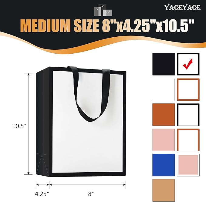 White and Black Gift Bags, 20Pcs 8"x4.25"x10.5" Medium Gift Bags Bulk,White Black Gift Bags with Handles,Gift Bags for Wedding,Party, Retail