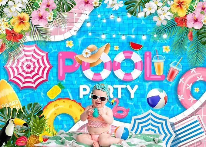 Mocsicka Summer Pool Party Backdrop Swimming Beach Ball for Kids Girls Birthday Party Decorations Pool Flamingo Lifebuoy Summer Photography Background (Blue, 10x7ft(120''x82''))
