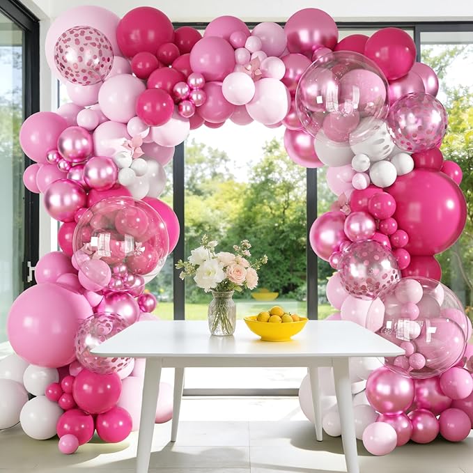 Ouddy Party 149Pcs Hot Pink White Balloon Garland Kit Different Sizes 18 12 10 5Inch, 6Pcs 18” Clear Metallic Rose Gold Confetti Balloons for Princess Baby Shower Wedding Birthday Party Decorations