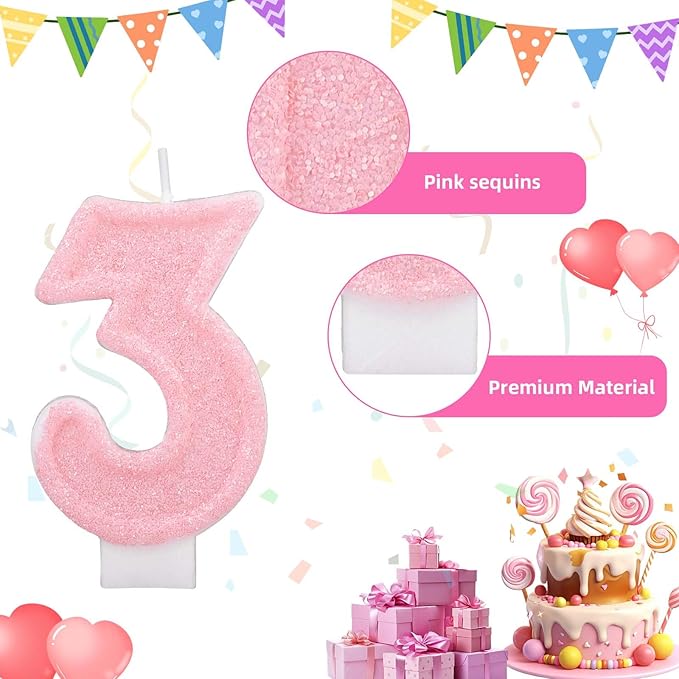 Pink Number Birthday Candles, Romantic Cake Glitter Pink Number Candles Anniversary Cake Topper Decoration Cute Birthday Party Supplies for Wedding Anniversary Celebration Supplies (3)