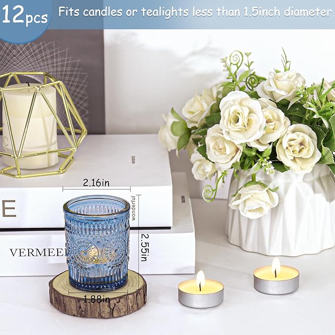 12 Pcs Blue Glass Votive Candle Holders, Tealight Candle Holders for Table Centerpieces, Vintage Candle Holder Bulk, Boho Wedding, Home, Bridal Shower, Birthday Party Table Decor (Blue)