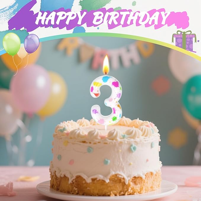 Paint Birthday Candles, Art Paint Party Decoration Supplies, Birthday Number Candles for Cake Topper (Multicolour, Number 3)