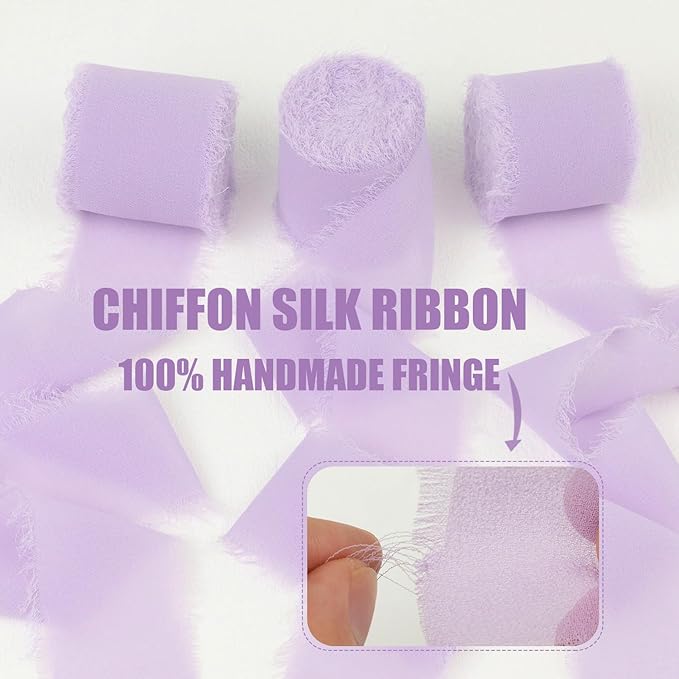 Lavender Chiffon Ribbon - 1-1/2 Inch x 21 Yards, Handmade Fringe, Lilac Chiffon Silk, Boho Frayed, Light Purple for Wedding Invitation, Bridal Flower Bouquets, Gift Wrapping