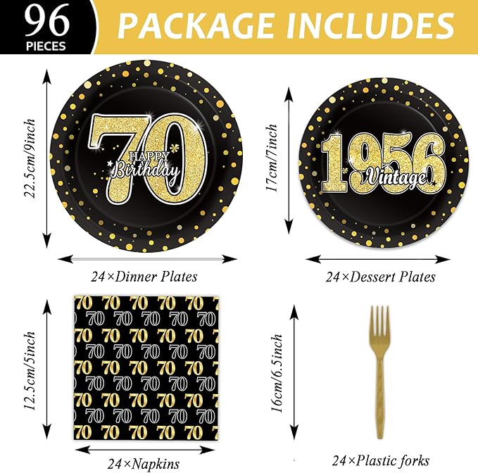 96PCS 70th Theme Birthday Party Tableware Vintage 1956 Party Supplies 70 Year Old Birthday Decorations Plates Napkins Forks Black and Gold Dinnerware Favors for Men or Women