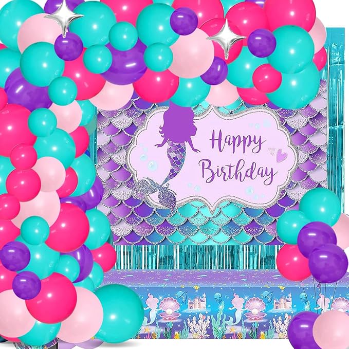 Teal Blue Purple Pink Balloon Garland Arch - Hot Pink Blue Purple Balloons Silver Star Balloons for Under The Sea Princess Girl Grown Up Birthday Baby Shower Party Decorations