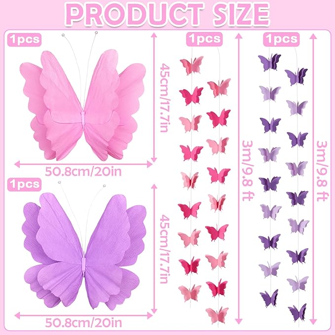 Butterfly Decorations with 20 Inch Large Hanging Butterflies and Butterfly Garland, Purple Butterfly Party Decortions for Birthday, Baby Shower Wedding Showcase Decoration Supplies